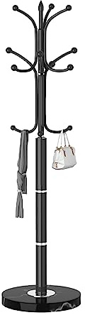 Snaikor Metal Coat Rack Freestanding, Sturdy Coat Rack Stand with Natural Marble Base, Modern Black Coat Racks Tree Hats Hanger Holder Stand for Entryway, Hallway, Office(12 Hooks)