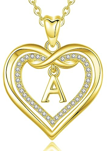 AEONSLOVE Kette mit Buchstaben Gold Namen Halskette Damen mit Buchstaben Rosegold Herz Initialen Anhänger mit Zirkonia Alphabet Charm Kupfer Schmuck für Frauen Mädchen