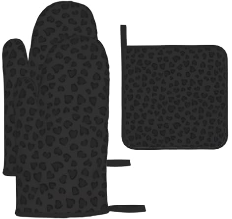 Ofenhandschuhe und Topflappen, Schwarz, Leopardenmuster, hitzebeständig, Ofenhandschuhe und Topflappen, Grillhandschuhe, Hot Pads, Kochhandschuhe für Küche, Backen, Grillen, 3-teiliges Set
