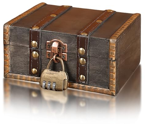 Coffre au Trésor en Bois Avec Serrure à Combinaison - Caisse Vintage 15 x 12 x 7,5 cm - Boîte de Rangement pour Anniversaire d'Enfant