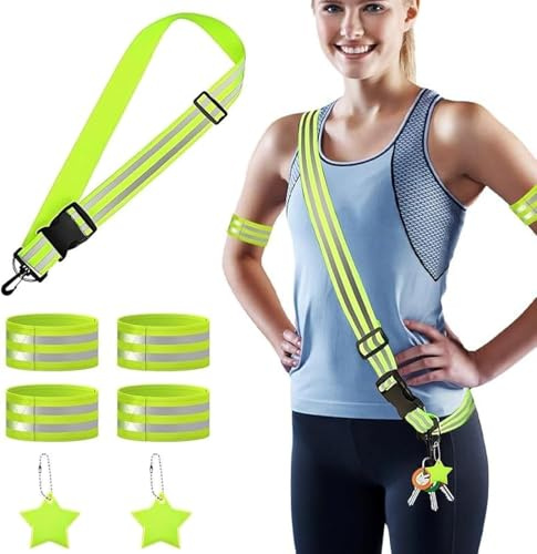 Nicklin 7 Stück Reflektoren Kleidung Set | 1 Grüner Reflektor Gürtel Verstellbaren, 4 Reflektorband, 2 Reflektoren Anhänger, für Männer und Frauen Laufen Radfahren