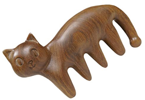 SOLUSTRE Cat Shape Scalp Massager Wide Tooth Comb Sandalwood Wooden Head Scraping Tool Soothing Itching Lightweight Scalp Scraper for Family and Children