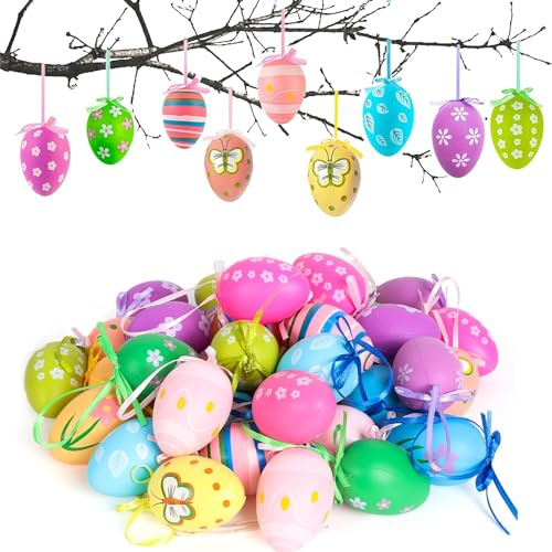DONGSZQ Ostereier zum Aufhängen, Bunte Ostereier Plastik, Ostereier mit Band, Ostereier zum aufhängen draußen, 24 Stück Ostereier, für Ostern DIY Handwerk Frühling Zuhause Party Dekoration