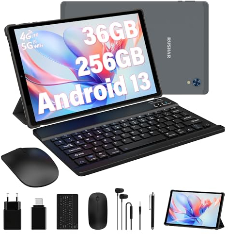 RUSHAR Tablet 10.4 Pulgadas Android 14 con 36GB RAM+256GB ROM (2TB TF), 4G LTE/SIM+5G WiFi, Octa-Core 2.0GHz, INCELL 2000x1200, 8000mAh, 13MP+8MP, Teclado, GPS/Bluetooth, Gris