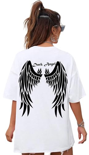 YDRABFLE Women'S Short-Sleeved Tops Dark Angel Wing Graphic Printed T-Shirts For Women Loose Oversized Clothing Tshirt Cotton