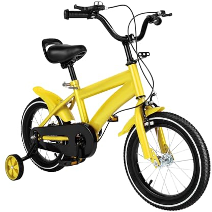 Brride 14 Zoll KinderFahrrad ab 3 Jahre, Jungen Mädchen Kinderfahrrad für ab 3-6 Jahre, Kinderfahrräder mit Stützräder, Höhenverstellbar, Kinder Fahrrad Cool Gelb