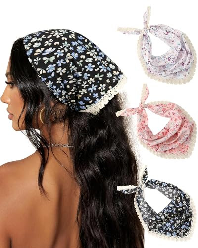 AWAYTR 3Pcs Hair Bandanas Head Kerchief for Women Girls Tie-Back Boho Hair Scarf Headband Bandana Triangle Head Scarf (Blue/Pink/White)