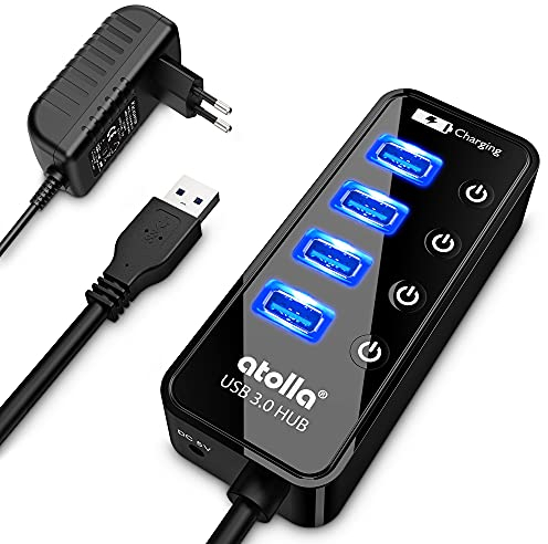 Hub USB con alimentatore, Atolla USB 3.0 Hub attivo con 4 porte, trasferimento dati SuperSpeed e interruttore, distributore USB con porta di ricarica intelligente e adattatore di alimentazione da 15 W