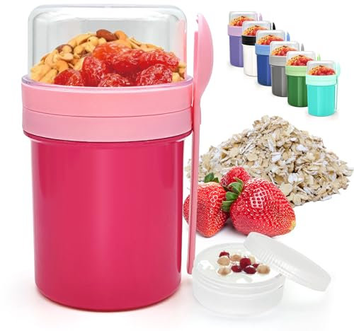XJIANFU Müslibecher zu Go 250ml+450ml, Auslaufsicherer Lunchpot mit Löffel, Joghurtbecher zu Go (3545-Pink)