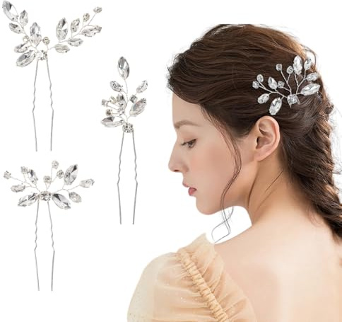 Set di 3 forcine per capelli in cristallo, accessori per capelli da sposa copricapo con foglie, accessori per capelli in cristallo per feste di matrimonio da indossare tutti i giorni（Argento）