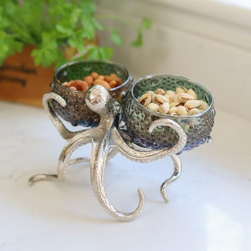 Culinary Concepts London Octopus Holder with 2 Small Blue Green Glass Bowls