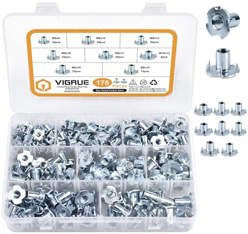 VIGRUE Set di 175 dadi a innesto con 4 punte, in acciaio zincato a scelta in M5 M6 M8 M10, quattro dadi Prong filettatura per il fissaggio di componenti, per legno, plastica, mobili