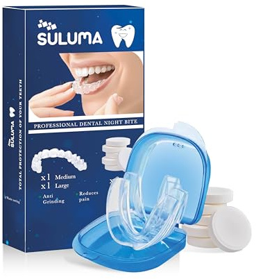 SULUMA Bite Bruxismo Professionale Notturno Antirussamento Digrignare Bite Dentale Byte Notte Automodellanti Uomo Donna 2 Taglie Medium Large Morbido Silicone Eva 6 Compresse Disinfettanti