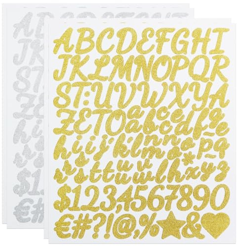 192 Stücke Buchstaben Aufkleber, Glitzern und Funkeln Selbstklebendes Vinyl Buchstaben Zahlen Aufkleber Kit für Schilder, Scrapbook, Adressennummer - Gold&Silber