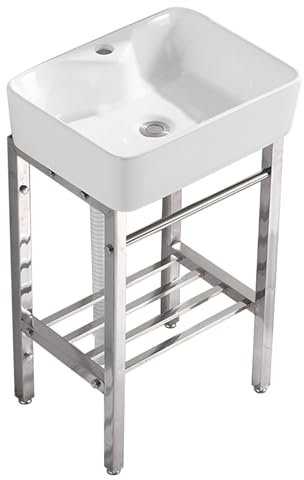Tvättfat keramiskt handfat, keramiskt handfat, tvättstuga diskho, porslinskärl handfat rektangel med metallben stativ handfat förvaringshylla för bondgård, garderob, restaurang (storlek: 48 cm x 15 i