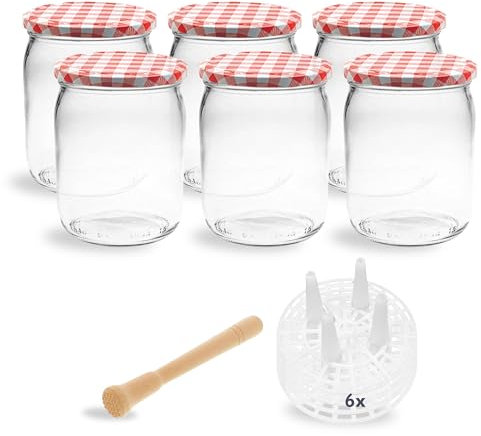 mikken Fermentier Starter Set 6 Fermentiergläser 540 ml mit Gitter, Deckel und Holzstampfer