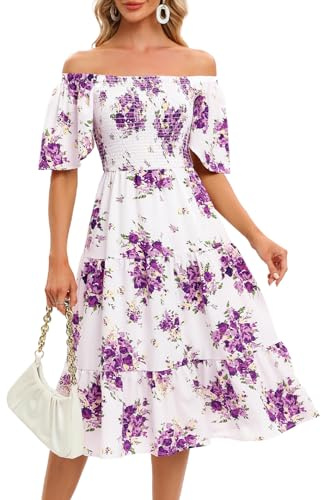 Bbonlinedress Sommerkleid Damen Blumendruck Freizeitkleider Casual Floral Boho midilang Strandkleid elegant leicht Blumenkleid White Purple Rose XL