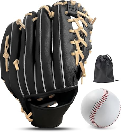 LeapBeast Guante de Béisbol, Jarra Softball Guantes Mano Izquierda Suave PU con 1 Pelota Suave para Niño/Adolescente/Adulto Profesional de Béisbol (Negro Marrón C, 11.5)