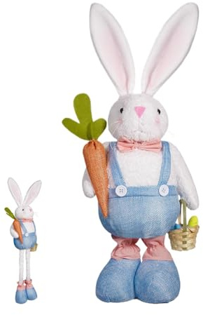 Osterhase Deko, Osterhase Plüschpuppe Mit Stretch Beinen, Ostern Kaninchenspielzeug, Süße Gefüllte Kaninchenfigur Stehendes Zeichen, Osterhäuser -Display Ornament, Hase Holding Korb Und Karotten