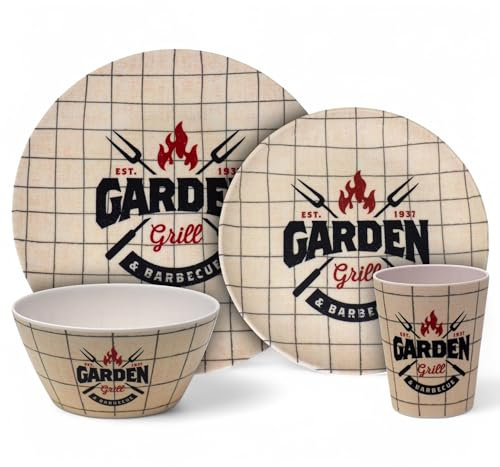 BBQ Barbecue 16pc Melamine Dinner Set - Plates Bowls Tumblers - Garden Grill