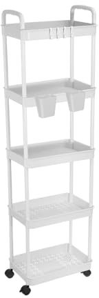 PATIKIL Carro De Utilidad Rodante De 5 Niveles con Mango, Estantes De Almacenamiento Carro Organizador Móvil con Cestas Colgantes para Habitación Oficina Cocina Baño, Blanco