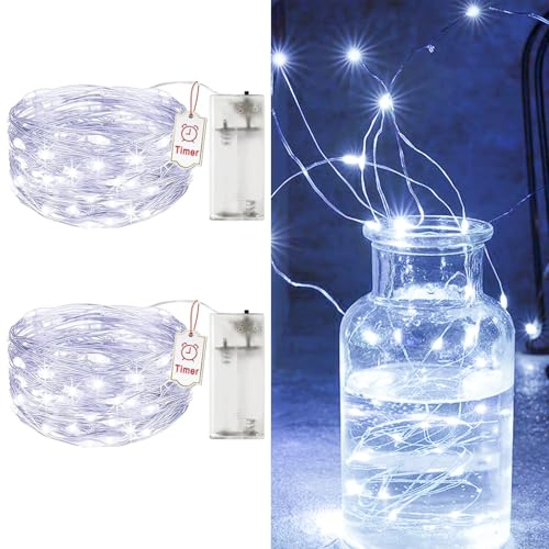 2 Stück LED Lichterkette mit Timer, 2M 20LEDs Batteriebetrieben, IP65 Wasserdicht - Moderne Deko für Hochzeit, Party, Winterzauber，Kaltweiß [Energieklasse A+++]