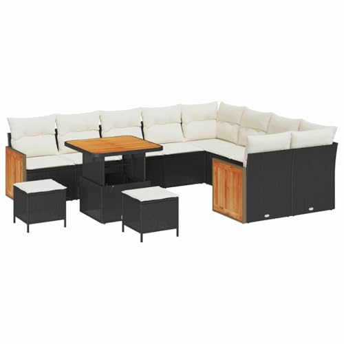 vidaXL Trädgårdsoffset med kudde 13 pcs Svart och kräm konstrotting, Trädgård och terrass, modern rattansoffa, lätt utomhus lounge, flexibla sittplatser, väderbeständiga, lätta kuddar
