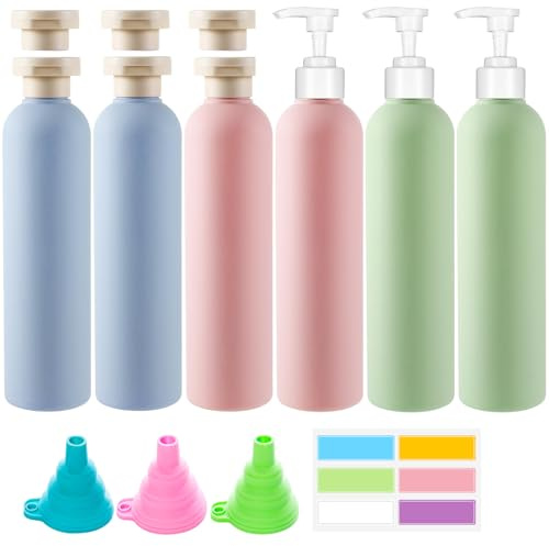 CafullCon 6Pcs Travel Bottles for Toiletries, 260ML Refillable Plastic Shampoo Bottles with Flip Cap & Pump, Empty Leak Proof Squeeze Travel Containers for Shampoo Creams Lotion Conditioner Shower Gel