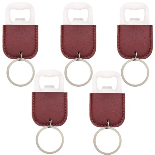 CALFOVERA 5 Llavero Pequeño de Acero Inoxidable para Abrir Botellas de Cuero Sintético Marrón, con Anilla para Invitados de Boda O Despedida de Soltera.