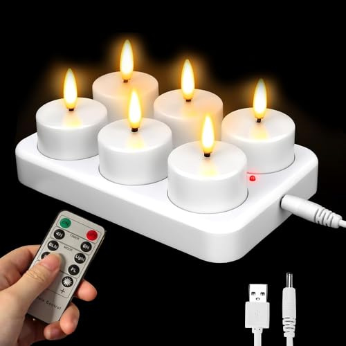KBIBCK Rechargeable Tea Lights, 6pcs LED Tea Lights with Remote Timer, USB Electric Battery Candle,Rechargeable Tealight Candles for Party Wedding Home Table Garden Halloween Christmas Decor