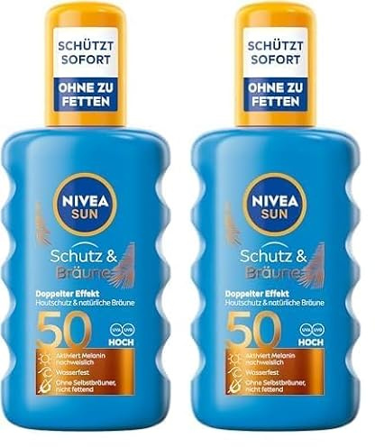 NIVEA SUN Schutz & Bräune Sonnenspray LSF 50, wasserfeste Sonnencreme mit Pro-Melanin-Extrakt für eine ebenmäßige Bräune, sofortiger Sonnenschutz vor UVA/UVB-Strahlen (200 ml) (Packung mit 2)
