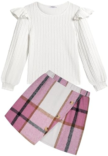 Arshiner Ragazze Set di Abbigliamento Bambine Maniche Lunghe con Gonna a Quadri Set Autunno Inverno Casual Elegante due Pezzi Outfit per Ragazze 13-14 Anni