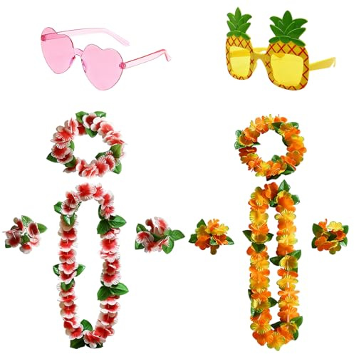 Cjytdkj Hawaii Outfit Damen, 10 Teiliges Set Hawaii Kleid Damen Accessoires | Blumenkranz, Blumenhaarband, Blumenarmbandes, Sonnenbrille für Strandpartys Sommerfeste Karneval