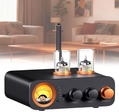 Tube Integrated Amplifier, 2 Channel Audio Stereo Power Amp, with DAC, Vintage VU Meter Preamp, Bluetooth & USB/OPT/COAX/RCA, for HiFi Bookshelf Speakers/3.5mm Headphones