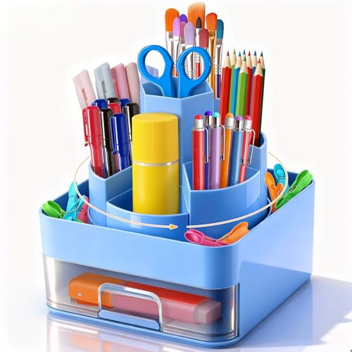 JIANTA Organizer da Scrivania, 360° Portapenne Girevole, Portapenne a 11 Scomparti per Scrivania e Accessori con Cassetto per Ufficio, Scuola, Casa e Materiale Artistico