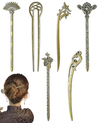 DAFNE 6 Pezzi Bastoncini Capelli Cinesi, Forcina Cinese Vintage, Bacchette in Metallo per Capelli in Bronzo con Strass Diamantati Accessori per Capelli per Capelli Decorativi Acconciatura Fissa