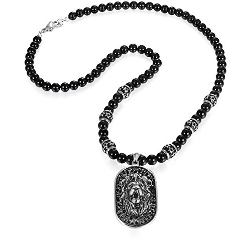 JewelryWe Schmuck Herren Biker Halskette, Edelstahl Gotik Punk Rock Löwe Kopf Dog Tag Anhänger mit Achat Onyx Perlen Kette Kugelkette, Schwarz Silber