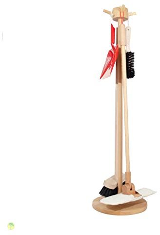 Putzständer aus Holz bestehend aus Besen, Handfeger mit Kehrschaufel und Mop, Kinderküchenzubehör