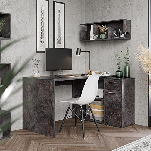 RICOO Eckschreibtisch mit Stauraum in Betonoptik WM083-BG L Form Schreibtisch mit Schubladen 136x101x75 cm Computertisch Bürotisch PC Tisch Ecke Winkelschreibtisch Schreibtische Holz