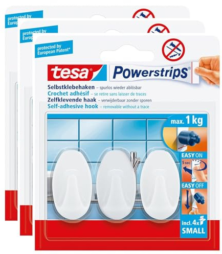 tesa« Klebehaken Powerstrips« Small, oval, selbstklebend, weiß, 3 Haken / 4 Strips (3 Stück), Sie erhalten 1 Packung à 3 Stück