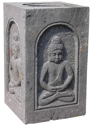 IDYL Lava-Stein Becken 4-eckig Wasserbecken mit Buddha`s | 4-seitige Buddha-Darstellung | Maße 35 x 35 x 60cm | frostfest | Asiatische Dekoration | massives Naturprodukt |schwarz