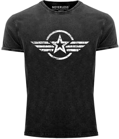 Neverless® Herren Vintage Shirt Airforce Stern Army Military Aufdruck Printshirt T-Shirt Aufdruck Used Look Slim Fit