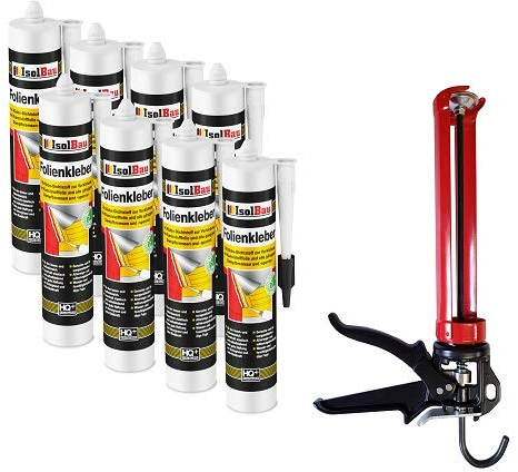 Isolbau Profi Folienkleber Set inkl. HQ Auspresspistole - Bauelastischer 1K Klebe-Dichtstoff zur Verklebung von Kunststofffolie, Dampfbremsen & Dampfsperren - 8 x 450 g