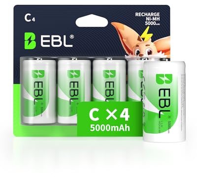 EBL Rechargeable C Batteries, 5000mAh Ni-MH High Capacity C Cell Battery New Retail Package, Pack of 4