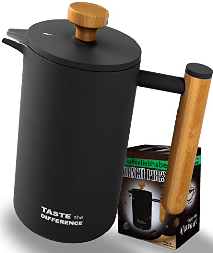 TASTE the DIFFERENCE French Press – Edelstahl Kaffeebereiter mit Holzelementen – Thermo Kaffeepresse [Schwarz] inkl. Ersatzfilter (600ml) – Hochwertiger Kaffeezubereiter für unterwegs
