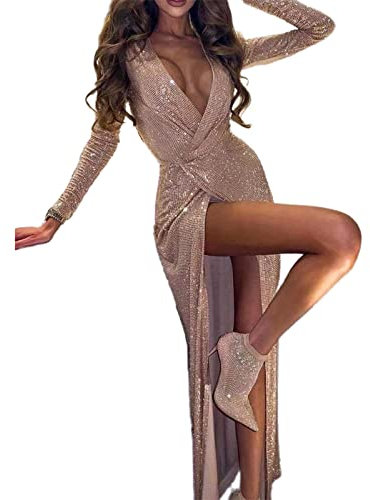 SHINROAD Klänning för kvinnor glänsande och charmig djup V-ringad långärmad maxiklänning smal passform show smal figur hög delad glitter wrap fest damklänning för bar