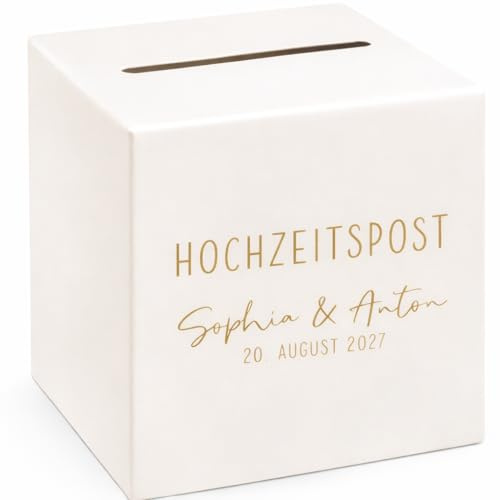 Miss Lovely Personalisierte Geldgeschenk Box Hochzeit – HOCHZEITSPOST Kuvertbox & Briefbox für Geldgeschenke – Creme & Gold mit Namen & Datum – Geschenkbox Hochzeit Kartenbox 24x24x24 cm
