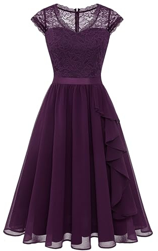 Wedtrend Aftonklänning elegant för bröllop, elegant A-linje, volangklänning, cocktailklänning, knälång, druva, M