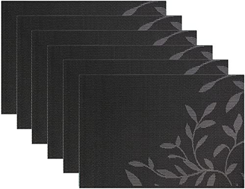 6 manteles individuales tejidos impermeables resistentes a las manchas, antideslizantes, aislamiento térmico, para cocina, comedor, decoración de mesa (hoja negra)