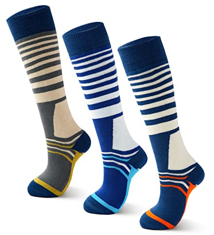 Lollisy Big Boys Ski Socks Kids Winter Warm Socks for Boys Girls Thick Thermal Skating Snowboarding Snow Socks 3 Pack Stripes 8-10 Years